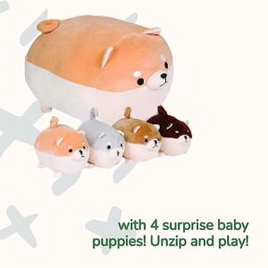 PixieCrush | Puppy Surprise with Babies Inside - Shiba Inu Stuffed Animals Mommy and 4 Baby Puppies in Tummy - Snugababies Plush Toy - Anime Corgi Dog Soft Pillow - Plush Toy Gifts for Boys and Girls