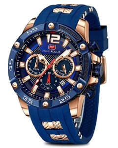 watch for men, sports watch fashion casual waterproof chronograph military analog quartz business watches best mens gift (blue rosegold)