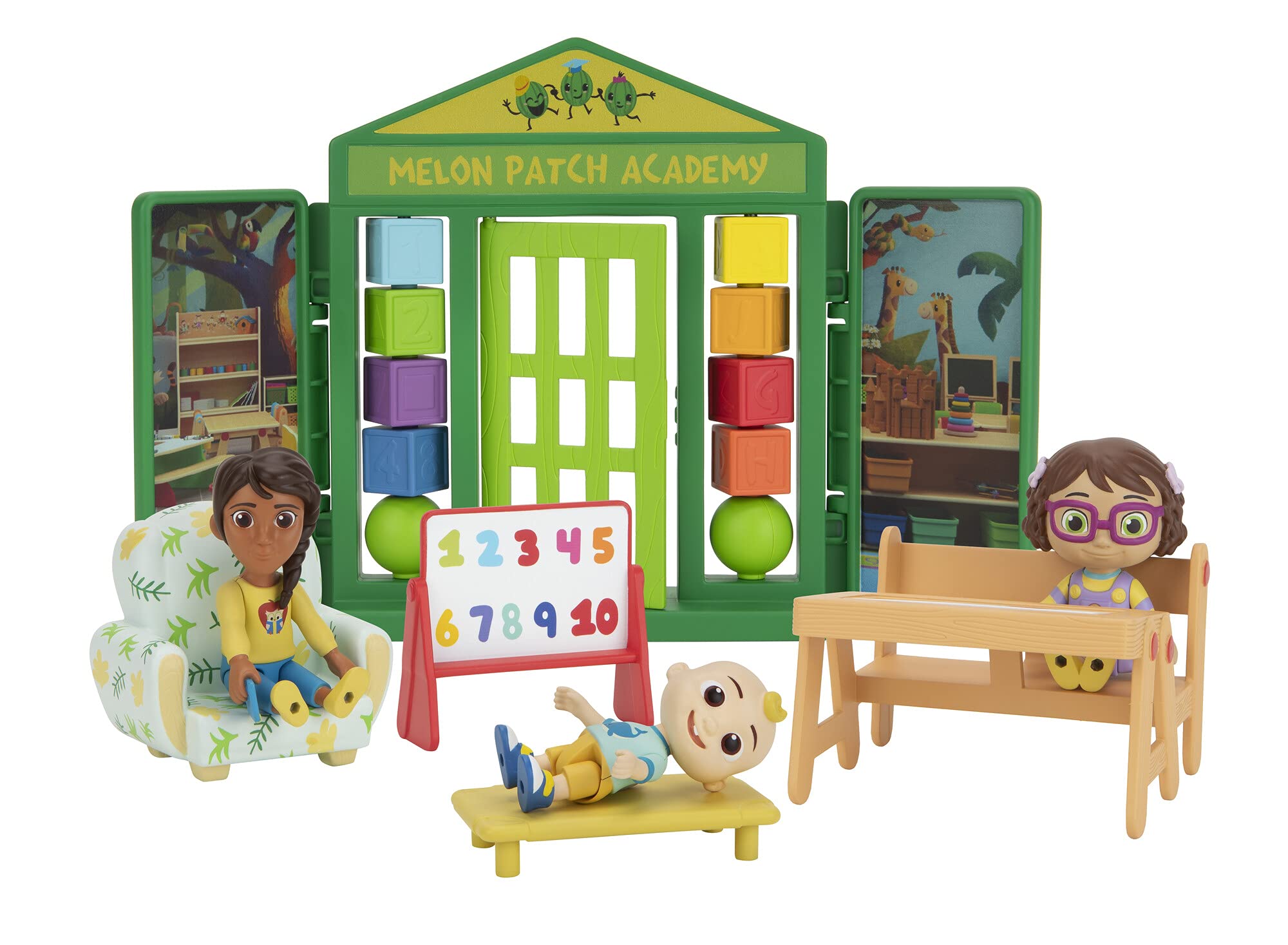 CoComelon School Time Deluxe Playtime Set - JJ, Bella, Ms. Appleberry The Teacher and 5 Accessories (Table, Cot, Armchair, Easel, Walls) - Toys for Kids, Toddlers, and Preschoolers