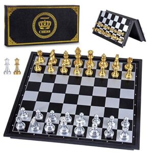 amerous 10'' magetic travel chess set, plastic portable folding chess board game with gold and silver chess pieces - 2 extra queens - storage bag for chessmen, chess for beginner, kids, adults