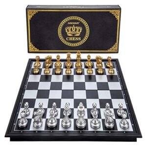 AMEROUS 10'' Magetic Travel Chess Set, Plastic Portable Folding Chess Board Game with Gold and Silver Chess Pieces - 2 Extra Queens - Storage Bag for Chessmen, Chess for Beginner, Kids, Adults