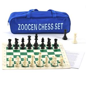 zoocen chess set - plastic chess pieces and green roll-up vinyl chess board foldable chess game (with extra queen)