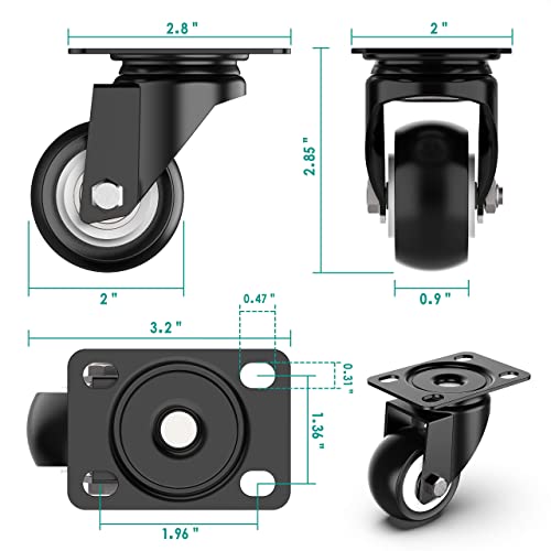 2 inch Swivel Caster Wheels Without Brake and No Noise Wheels, Heavy Duty Casters Total Capacity 600lbs (Pack of 4)