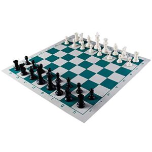portable chess set , chess set large , tournament chess set , 90% plastic filled chess pieces and green roll-up , vinyl chess board game (43x43cm)