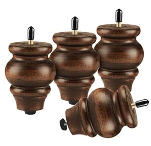 alamhi round wood furniture legs 3.5 inch gourd shape wood sofa legs with adjustable leveling couch leg replacement for cabinets, coffee table, ottoman, dresser, loveseat, armchair set of 4 brown
