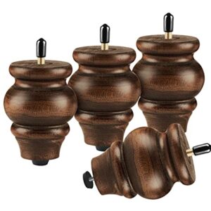 ALAMHI Round Wood Furniture Legs 3.5 Inch Gourd Shape Wood Sofa Legs with Adjustable Leveling Couch Leg Replacement for Cabinets, Coffee Table, Ottoman, Dresser, Loveseat, Armchair Set of 4 Brown