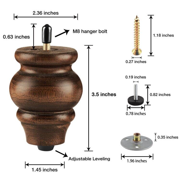 ALAMHI Round Wood Furniture Legs 3.5 Inch Gourd Shape Wood Sofa Legs with Adjustable Leveling Couch Leg Replacement for Cabinets, Coffee Table, Ottoman, Dresser, Loveseat, Armchair Set of 4 Brown