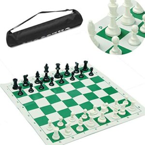 fibvgfxd traveling portable chess traditional chessboard set, for tournament club with green roll-up board + plastic bag chess game (34.5 x 34.5cm)