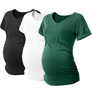 sunnybuy 3 pack womens maternity tops side ruched maternity shirts pregnancy clothes v neck,black&white&green-m