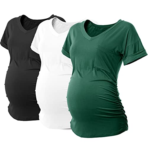 SUNNYBUY 3 Pack Womens Maternity Tops Side Ruched Maternity Shirts Pregnancy Clothes V Neck,Black&White&Green-M