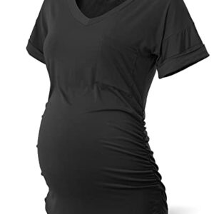 SUNNYBUY 3 Pack Womens Maternity Tops Side Ruched Maternity Shirts Pregnancy Clothes V Neck,Black&White&Green-M