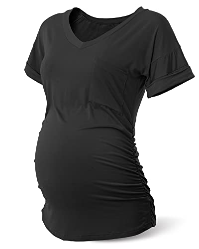 SUNNYBUY 3 Pack Womens Maternity Tops Side Ruched Maternity Shirts Pregnancy Clothes V Neck,Black&White&Green-M