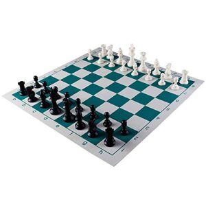 fibvgfxd chess solid wood set, chess set for adults, tournament chess set, 90% plastic filled chess, pieces and green roll-up vinyl chess board game (43x43cm)