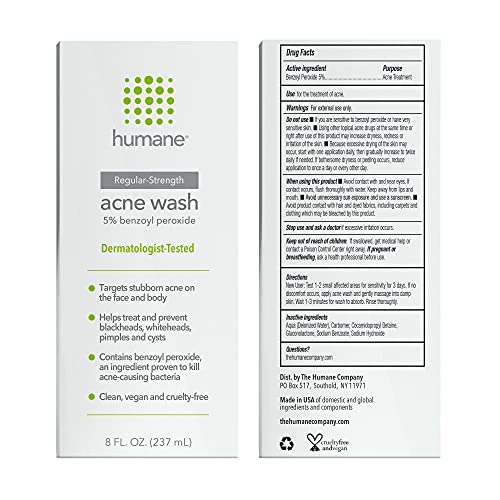 humane Regular-Strength Acne Wash - 5% Benzoyl Peroxide Acne Treatment for Face, Skin, Butt, Back and Body - 8 Fl Oz - Dermatologist-Tested Non-Foaming Cleanser - Vegan, Cruelty-Free