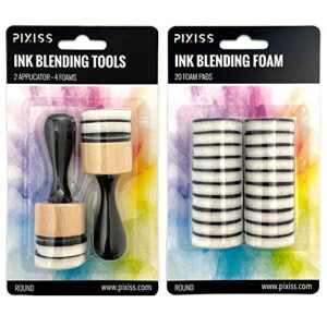 Pixiss Mini Ink Blending Tools, 2 Pack Round with 24 Replacement Foam Pads, 10 Stick Blending Tools for Distressing, Blending and More