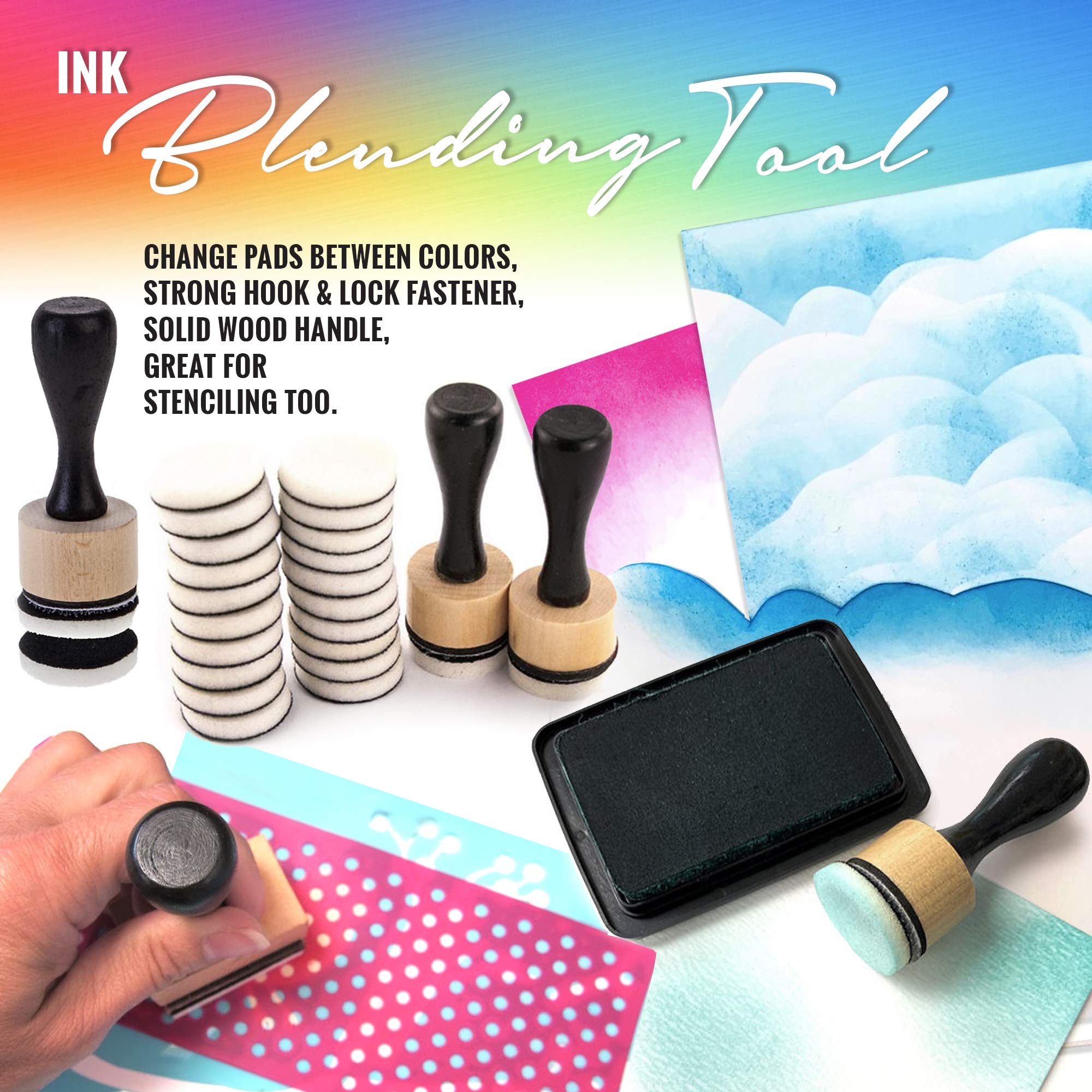 Pixiss Mini Ink Blending Tools, 2 Pack Round with 24 Replacement Foam Pads, 10 Stick Blending Tools for Distressing, Blending and More