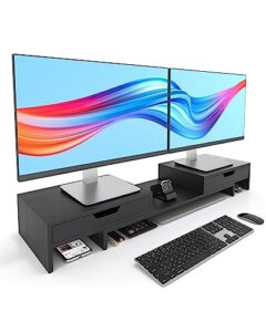 epesoware dual monitor stand riser with adjustable length and angle, bamboo computer riser with 2 extra drawers, desk organizer for laptop, computer no assembly required