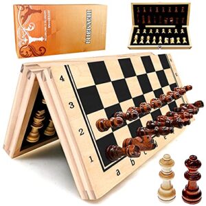 wooden magnetic chess set, yjz 12” chess board portable for folding, travel chess sets for adults, including extra 2 queens, set with storage slot, portable birthday gift for children and beginners