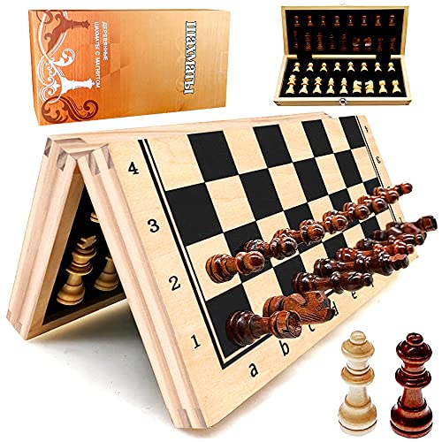 Wooden Magnetic Chess Set, YJZ 12” Chess Board Portable for Folding, Travel Chess Sets for Adults, Including Extra 2 Queens, Set with Storage Slot, Portable Birthday Gift for Children and Beginners