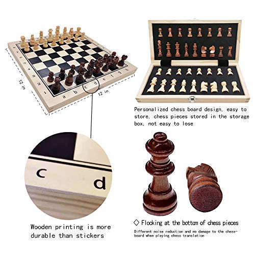 Wooden Magnetic Chess Set, YJZ 12” Chess Board Portable for Folding, Travel Chess Sets for Adults, Including Extra 2 Queens, Set with Storage Slot, Portable Birthday Gift for Children and Beginners