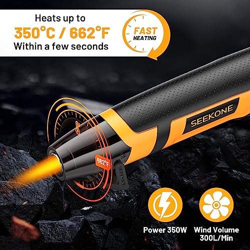 SEEKONE Mini Heat Gun, 350W 662℉ (350℃) Fast Heat Handheld Hot Air Gun Tool with Reflector Nozzle and 4.9Ft Long Cable Overload Protection for Craft Embossing, Shrink Wrapping and Stripping Paint