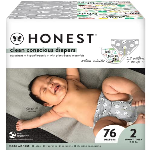 The Honest Company Clean Conscious Diapers | Plant-Based, Sustainable | Pandas + Barnyard Babies | Club Box, Size 2 (12-18 lbs), 76 Count