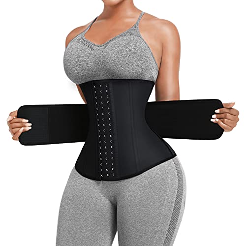 FeelinGirl Latex Waist Trainer for Women Waist Cincher Girdle Long Torso Workout Waist Trainer Lower Belly Fat Black M