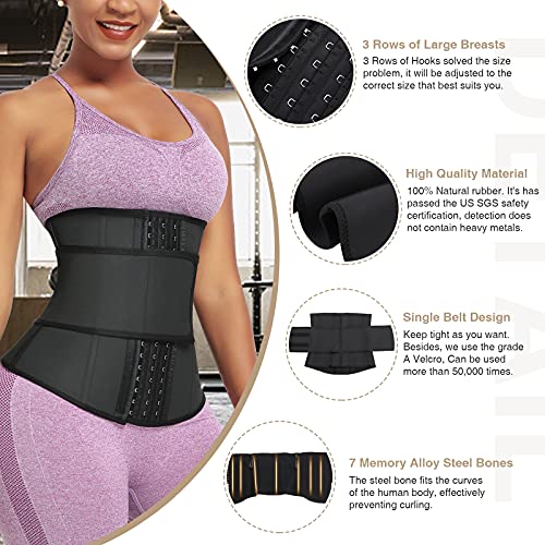 FeelinGirl Latex Waist Trainer for Women Waist Cincher Girdle Long Torso Workout Waist Trainer Lower Belly Fat Black M