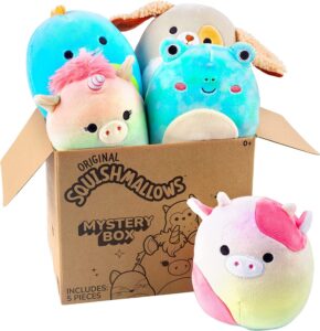 squishmallow 5" plush mystery box, 5-pack - assorted set of various styles - official kellytoy - cute and soft squishy stuffed animal toy - great gift for kids