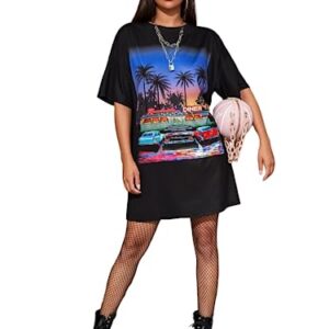 SOLY HUX Women's Casual Graphic Print Short Sleeve Loose T Shirt Dress Black L