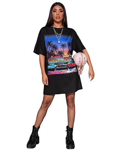 SOLY HUX Women's Casual Graphic Print Short Sleeve Loose T Shirt Dress Black L