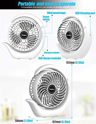 Viniper Portable Rechargeable Fan, Small Desk Fan : 3 Speeds & about 8-24 Hours Longer Working, 180° Rotation, Portable Fan Small but Mighty, Strong Wind (Grey, Light Black Blade)