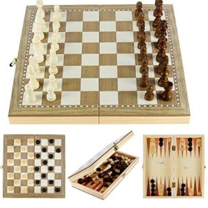 3-in-1 wooden chess set folding chess board game set chess and checkers backgammon portable folding travel tabletop game travel chess set board games for adults teens