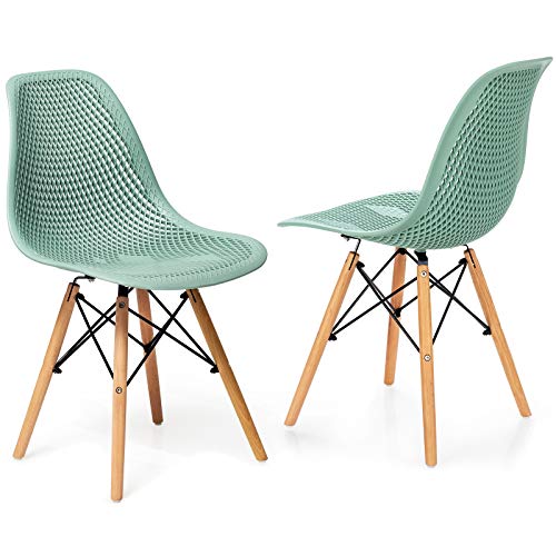 Giantex Set of 2 Modern Dining Chairs, Outdoor Indoor Shell PP Lounge Side Chairs with Mesh Design, Beech Wood Legs, Tulip Leisure Chairs, DSW Dining Chairs for Kitchen, Dining Room, Green