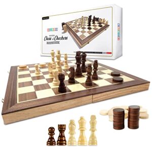 wooden chess & checkers game board set. large 15x15 wood classic unique portable travel sets. ajedrez