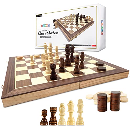 Wooden Chess & Checkers Game Board Set. Large 15x15 Wood Classic Unique Portable Travel Sets. Ajedrez