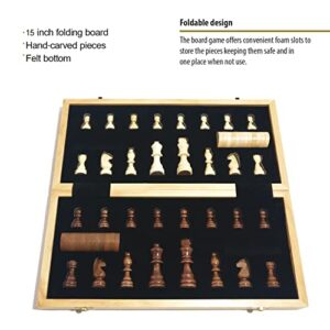 Wooden Chess & Checkers Game Board Set. Large 15x15 Wood Classic Unique Portable Travel Sets. Ajedrez