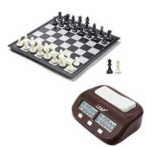 combo set - digital chess timer count up/down chess game clock + 25x25cm magnetic folding chess board with black & white chess pieces + extra 2 queens