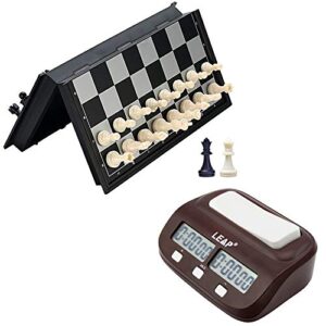 Combo Set - Digital Chess Timer Count Up/Down Chess Game Clock + 25x25cm Magnetic Folding Chess Board with Black & White Chess Pieces + Extra 2 Queens