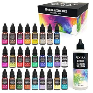 pixiss alcohol ink set - 25 large highly saturated colors - (15ml/.5oz), pixiss 4oz alcohol blending solution