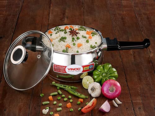 Vinod Pressure Cooker Stainless Steel – Glass Lid Handi Pot - 3.5 Liter – Indian Pressure Cooker – Stove Top Sandwich Bottom – Best Used For Indian Cooking, Soups, and Rice Recipes, Quinoa