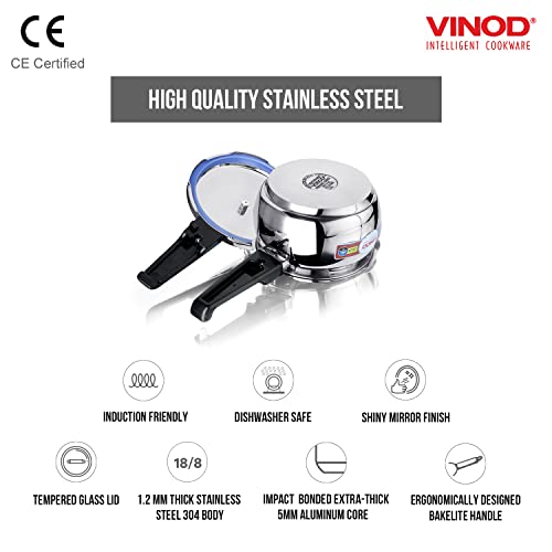 Vinod Pressure Cooker Stainless Steel – Glass Lid Handi Pot - 3.5 Liter – Indian Pressure Cooker – Stove Top Sandwich Bottom – Best Used For Indian Cooking, Soups, and Rice Recipes, Quinoa