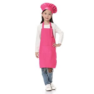 TOPTIE Kids Apron and Chef Hat Set, Adjustable Cotton Child Cooking Kitchen Apron, S-XXL-Hot Pink-S