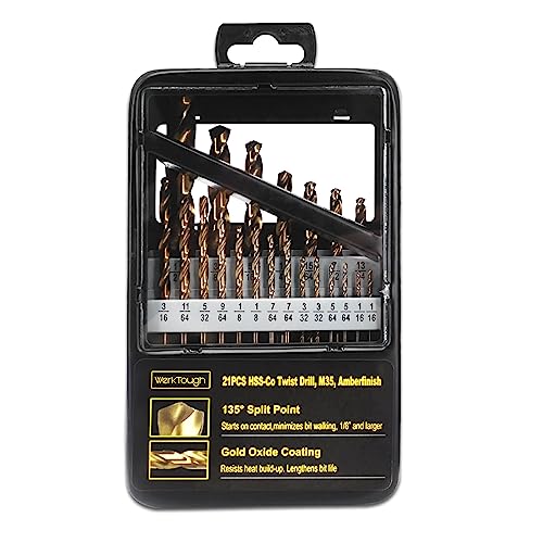 werktough Titanium Drill Bit Set - 21-Piece M35 Co 5% High Speed Steel HSS for Steel Alloy and Other Hard Metals Fully Ground with 135°Split Point Drill Bits in Deluxe Metal Box