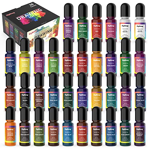 Alcohol Ink Set - 36 Bottles Vibrant Colors High Concentrated Alcohol-Based Ink, Concentrated Epoxy Resin Paint Colour Dye Great for Resin Petri Dish, Coaster, Painting, Tumbler Cup Making(10ml Each)