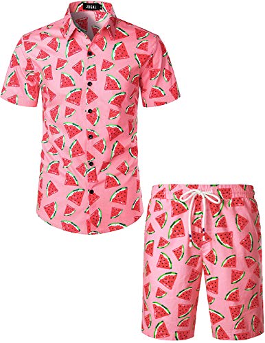 JOGAL Men's Fun Fruit Printed Short Sleeve Button Down Hawaiian Shirt Suits XX-Large Pink