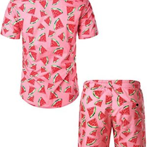 JOGAL Men's Fun Fruit Printed Short Sleeve Button Down Hawaiian Shirt Suits XX-Large Pink