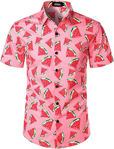 JOGAL Men's Fun Fruit Printed Short Sleeve Button Down Hawaiian Shirt Suits XX-Large Pink