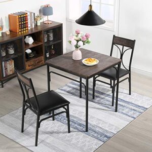 VECELO 3-Piece Room Kitchen Table and Pu Cushion Chair Small Space, Dining Set for 2, Rustic Brown