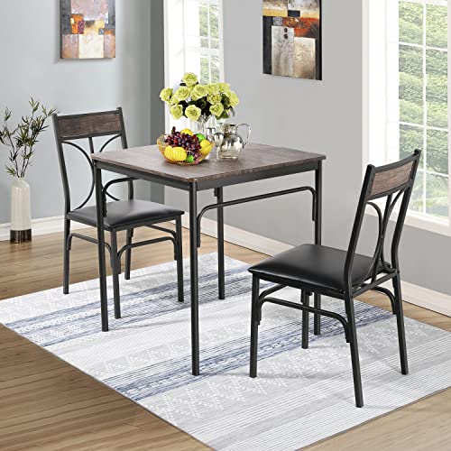 VECELO 3-Piece Room Kitchen Table and Pu Cushion Chair Small Space, Dining Set for 2, Rustic Brown